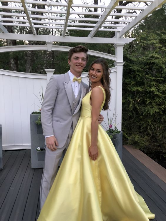 Yellow Satin V Neck A-Line Long Prom Dress Formal Party Dress,DP896