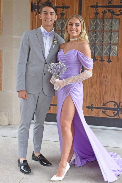 Lavender Off the Shoulder Satin Long Formal Prom Dress,DP898