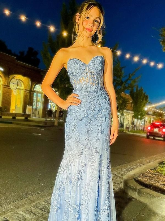 Sweatheart Strapless Light Blue Mermaid Long Prom Dress,DP908