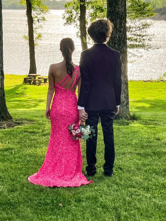 Hot Pink One Shoulder Sequined Long Prom Dress with Slit,DP915