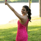 Hot Pink One Shoulder Sequined Long Prom Dress with Slit,DP915