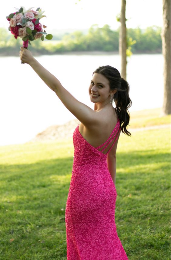 Hot Pink One Shoulder Sequined Long Prom Dress with Slit,DP915