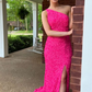 Hot Pink One Shoulder Sequined Long Prom Dress with Slit,DP915