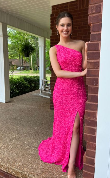 Hot Pink One Shoulder Sequined Long Prom Dress with Slit,DP915