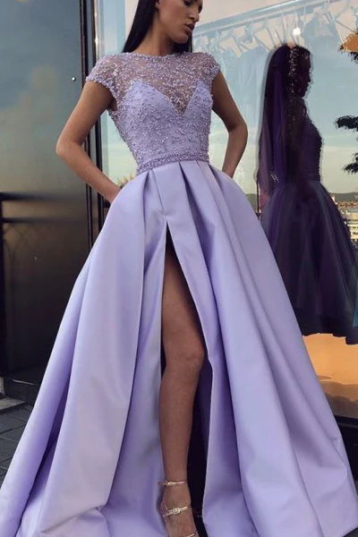 Lilac Satin A-Line Long Prom Dress with Slit,DP924