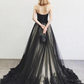 Black Strapless A-Line Tulle Long Prom Dress with Appliques,DP927