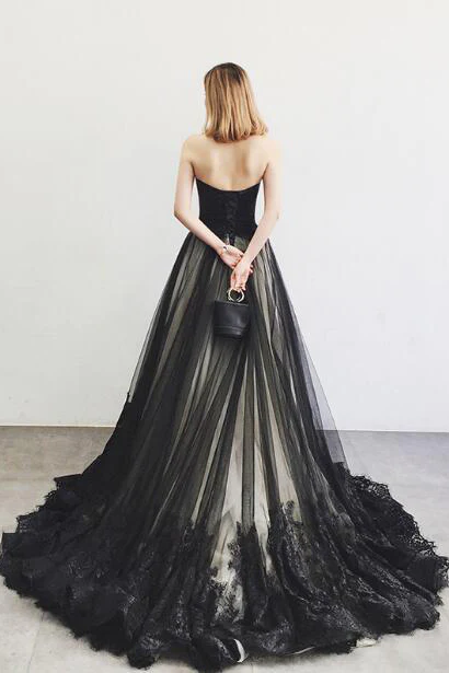 Black Strapless A-Line Tulle Long Prom Dress with Appliques,DP927