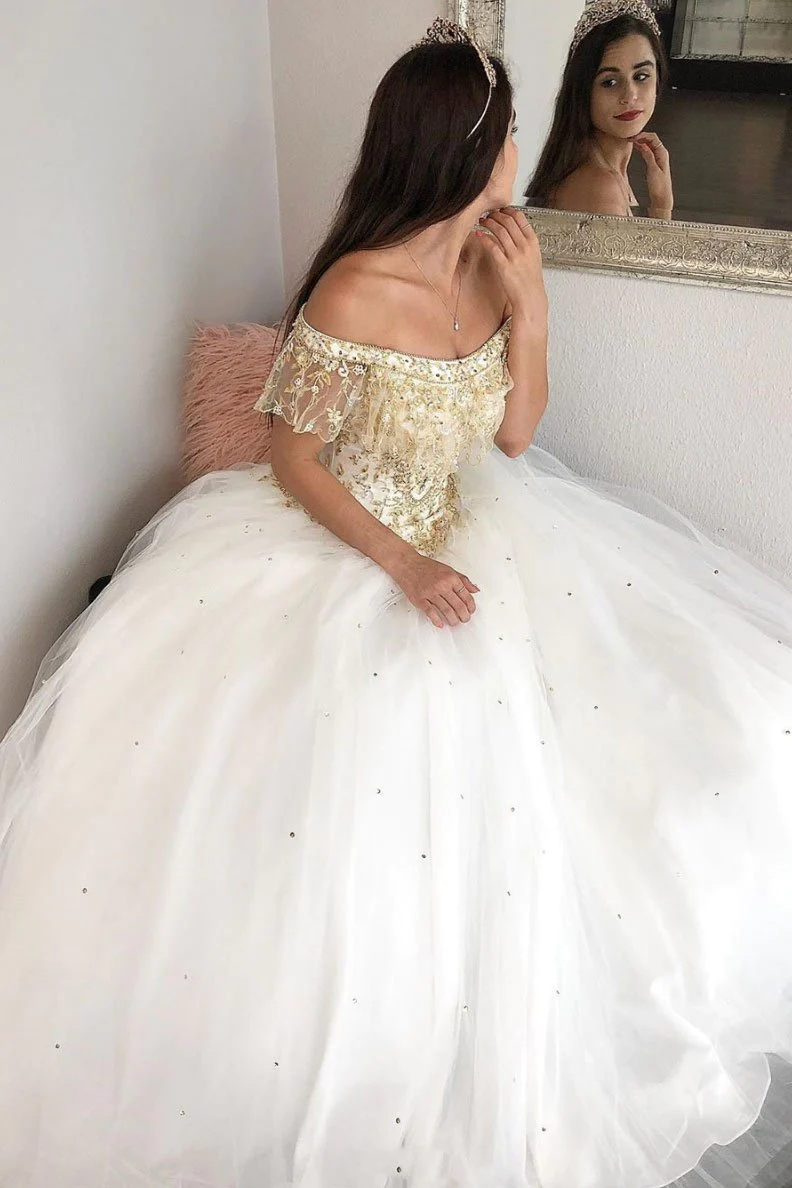 White Beaded Off-The-Shoulder A-Line Tulle Long Prom Dress,DP928