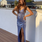 Simple Silver Long Prom Dress with Slit,DP931