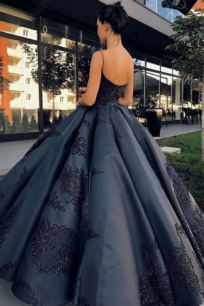 Black Open Back Appliques A-Line Long Prom Dress Evening Gown,DP932