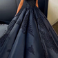 Black Open Back Appliques A-Line Long Prom Dress Evening Gown,DP932