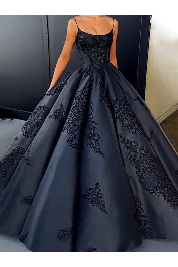 Black Open Back Appliques A-Line Long Prom Dress Evening Gown,DP932