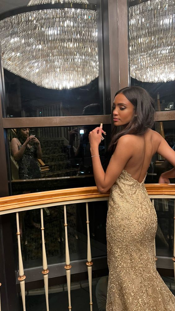 Champagne Gold Backless Mermaid Long Prom Dress,DP934