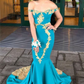 Blue Off-The-Shoulder Mermaid African Prom Dress with Gold Appliques,DP938