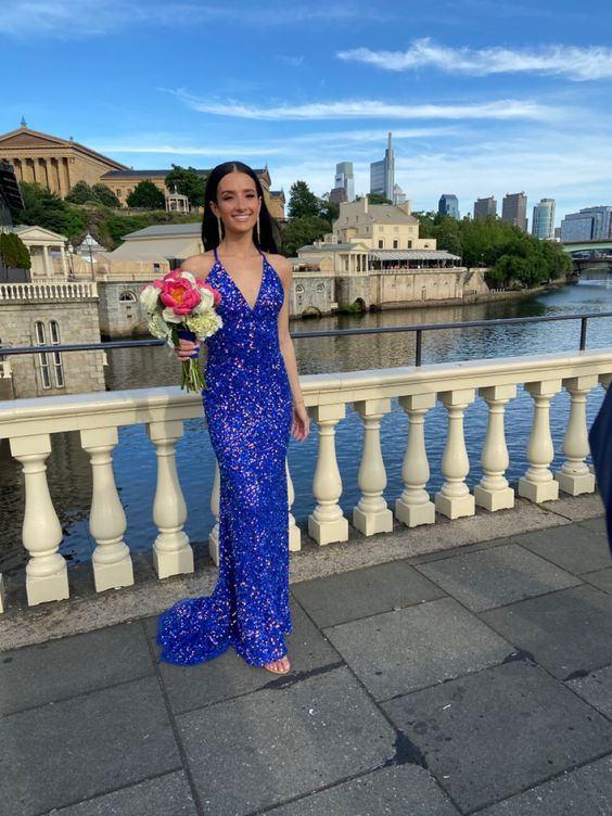 Royal Blue Sequined Mermaid Backless Prom Dress,DP939