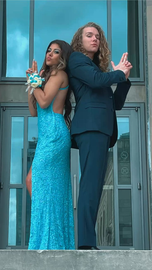 Blue Sequined Backless Prom Dress with Slit,DP940