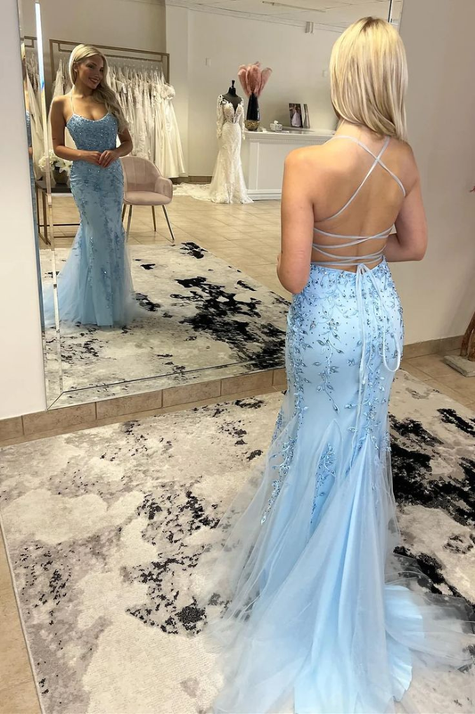 Light Blue Tulle Appliques Mermaid Long Prom Dress with Beads,DP947