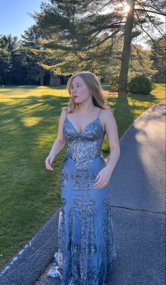 Blue V Neck Sequined Mermaid Long Prom Dress,DP950