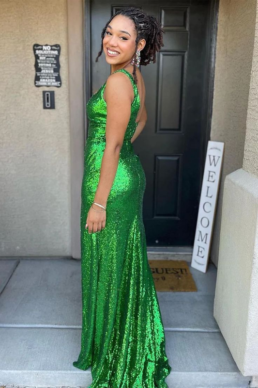 Green Sequined Square Neckline Long Prom Dress with Slit,DP952