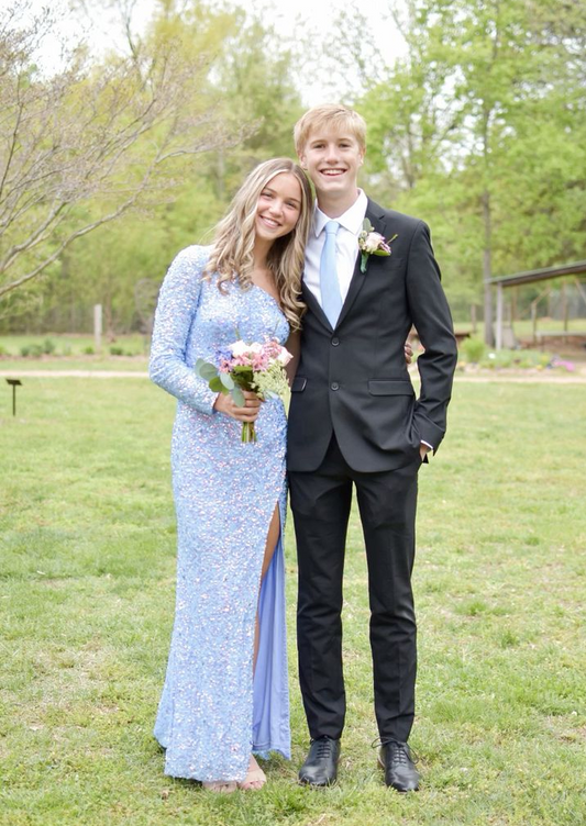 Light Blue One Shoulder Sequined Long Prom Dress with Slit,DP953