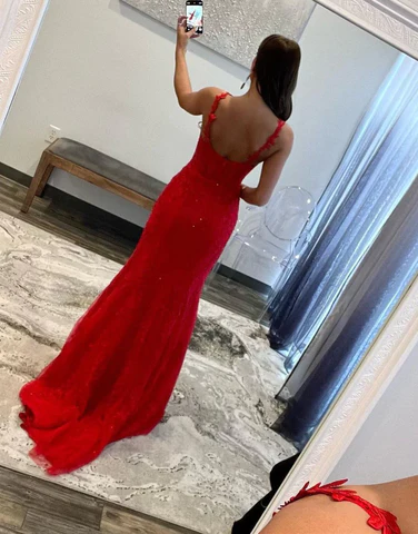 Charming Red Mermaid Backless Tulle Long Prom Dress,DP956