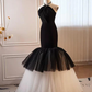 Black and White Halter Mermaid Tulle Long Prom Dress,DP957