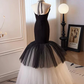 Black and White Halter Mermaid Tulle Long Prom Dress,DP957