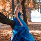 Blue One Shoulder Tulle Appliques Long Prom Dress,DP958