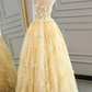 Yellow Sheer A-Line Appliques Tulle  Long Prom Dress,DP960