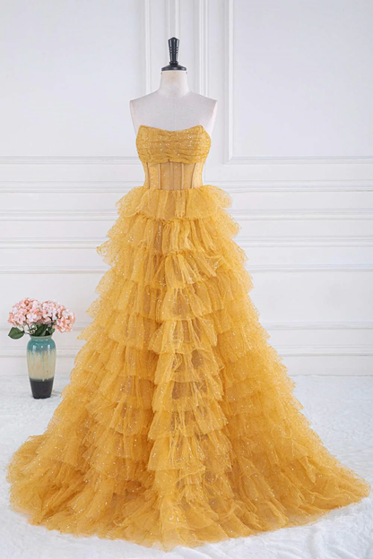 Yellow Strapless Tulle Layered A-Line Prom Dress,DP963