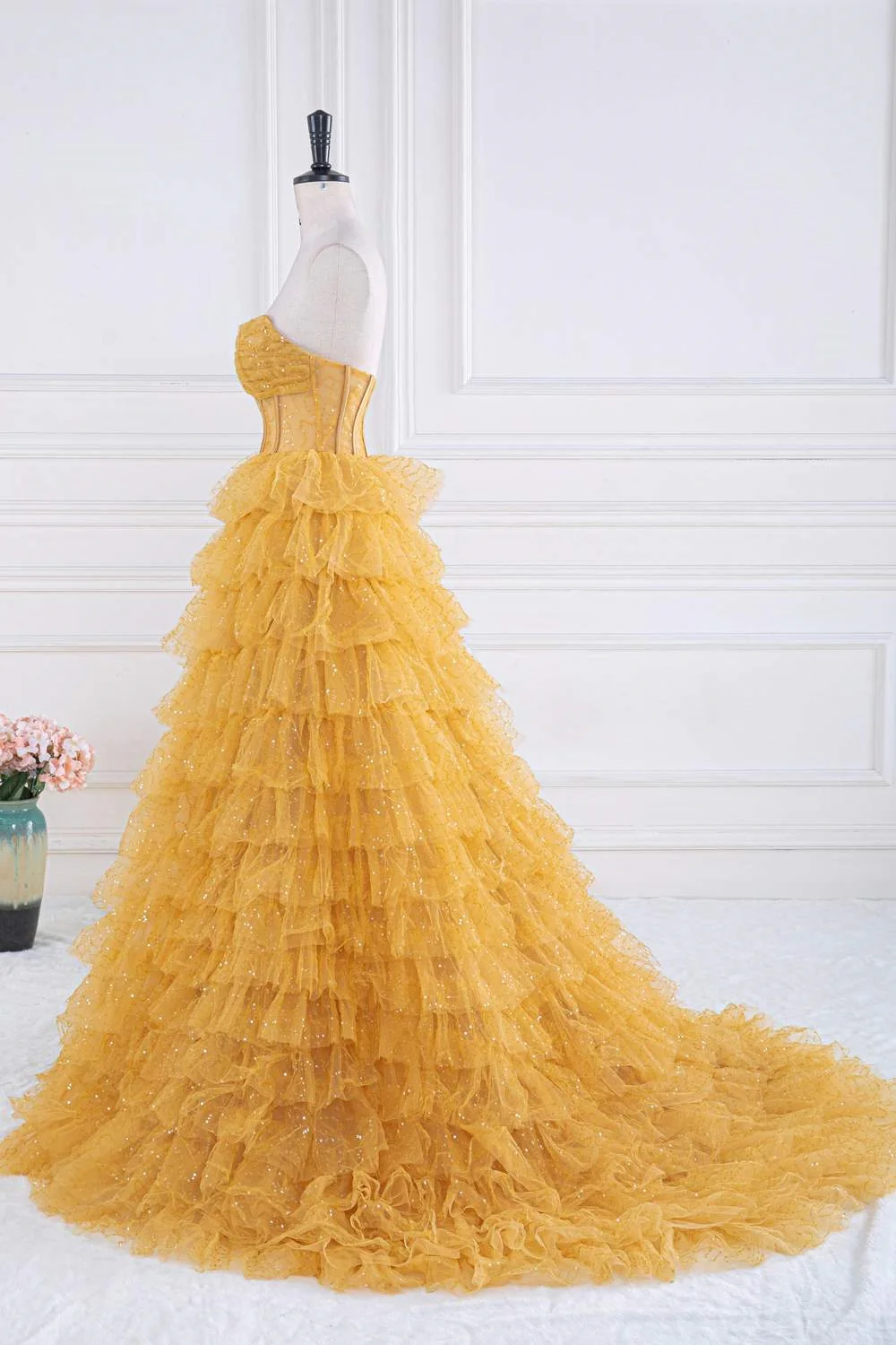 Yellow Strapless Tulle Layered A-Line Prom Dress,DP963