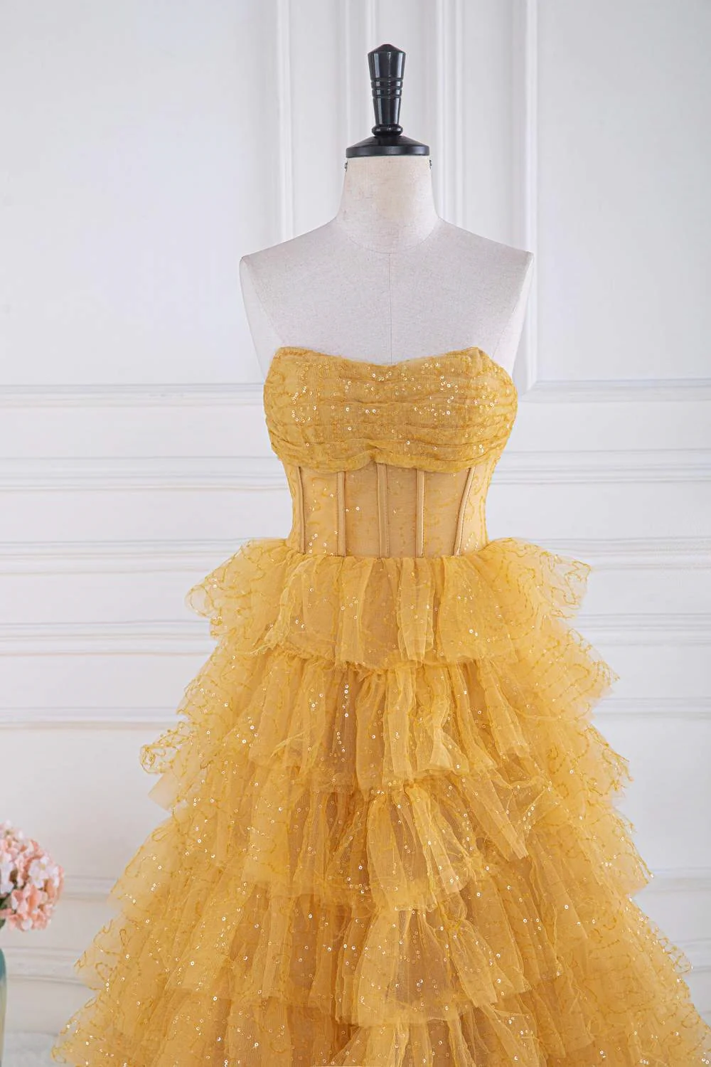 Yellow Strapless Tulle Layered A-Line Prom Dress,DP963