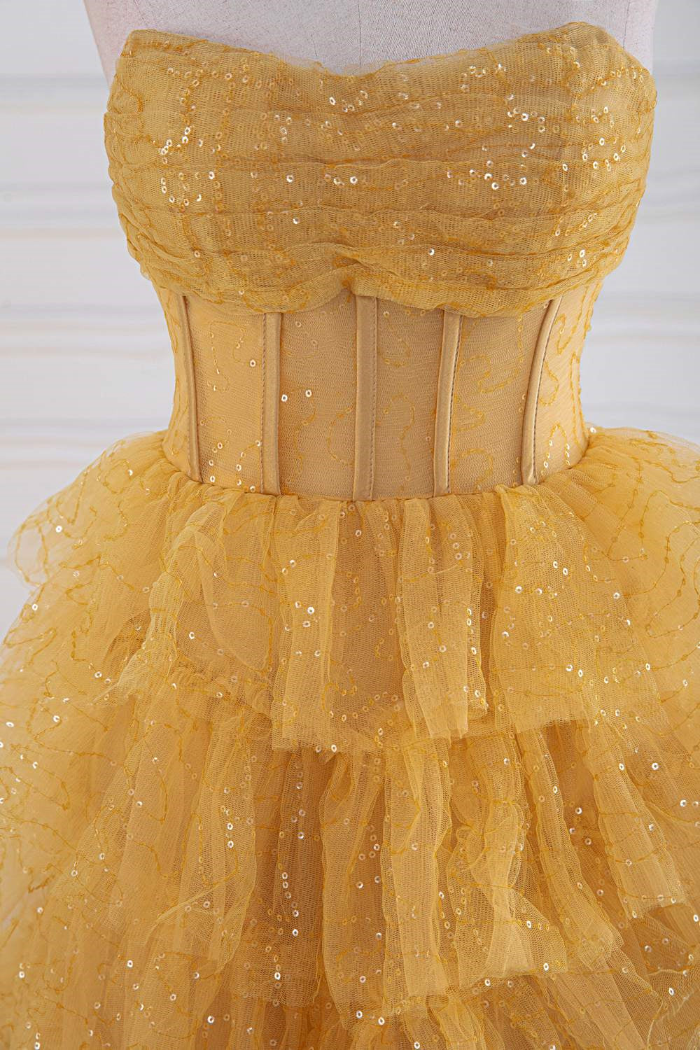 Yellow Strapless Tulle Layered A-Line Prom Dress,DP963