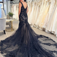 Black V Neck Appliques Mermaid Prom Dress Formal Party Dress,DP965