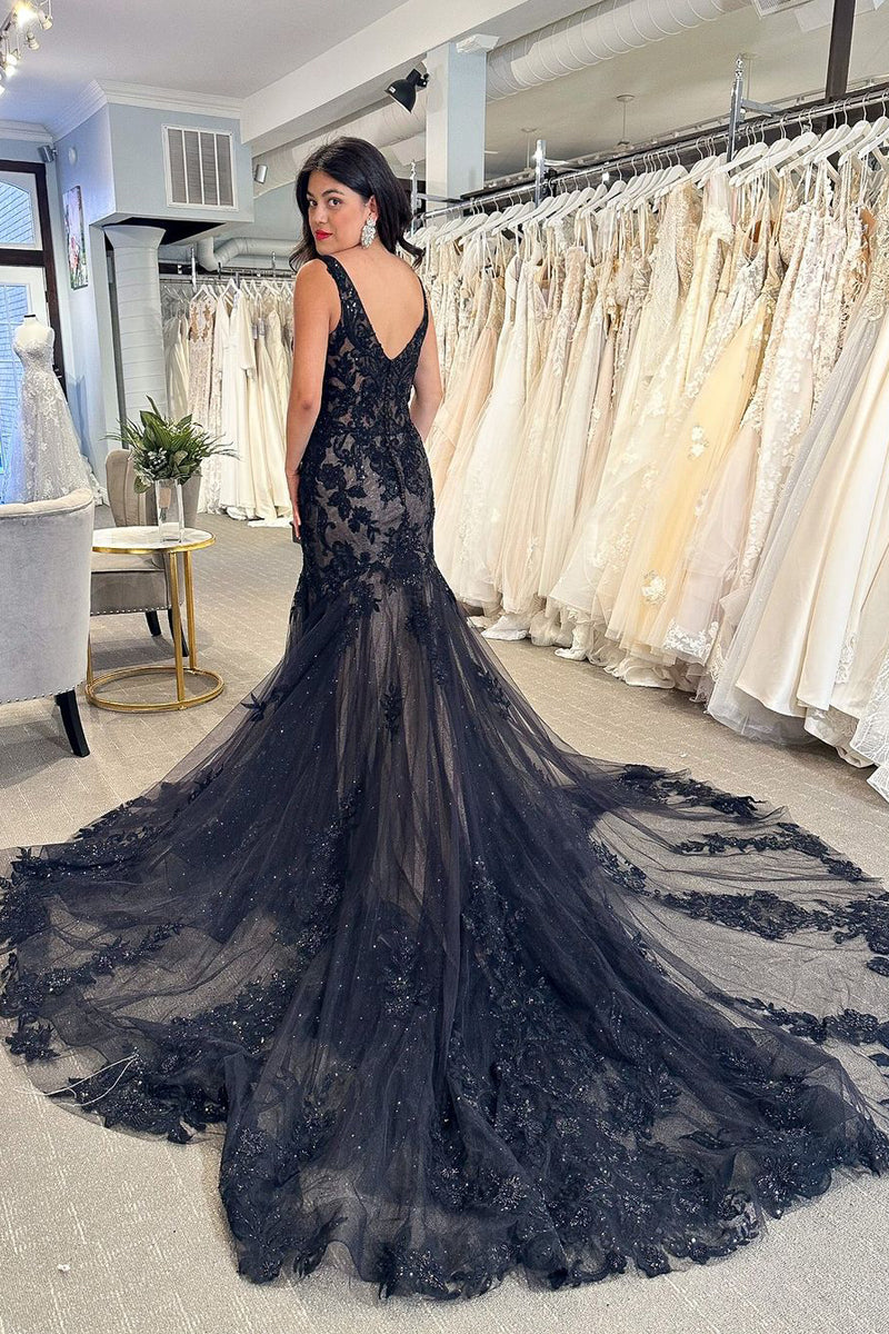 Black V Neck Appliques Mermaid Prom Dress Formal Party Dress,DP965