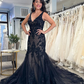 Black V Neck Appliques Mermaid Prom Dress Formal Party Dress,DP965