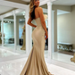 Champagne Strapless Satin Mermaid Prom Dress with Beads and Feather,DP966