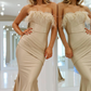 Champagne Strapless Satin Mermaid Prom Dress with Beads and Feather,DP966