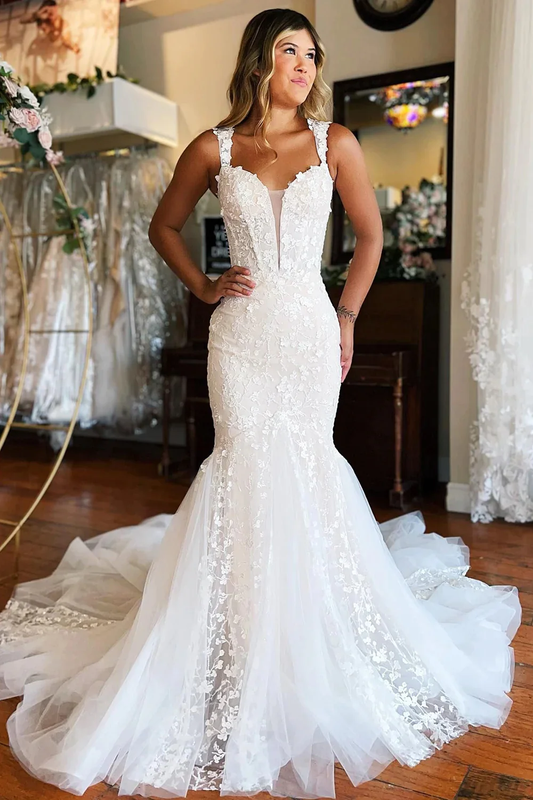 White Off-The-Shoulder Mermaid Tulle Prom Wedding Dress,DP967