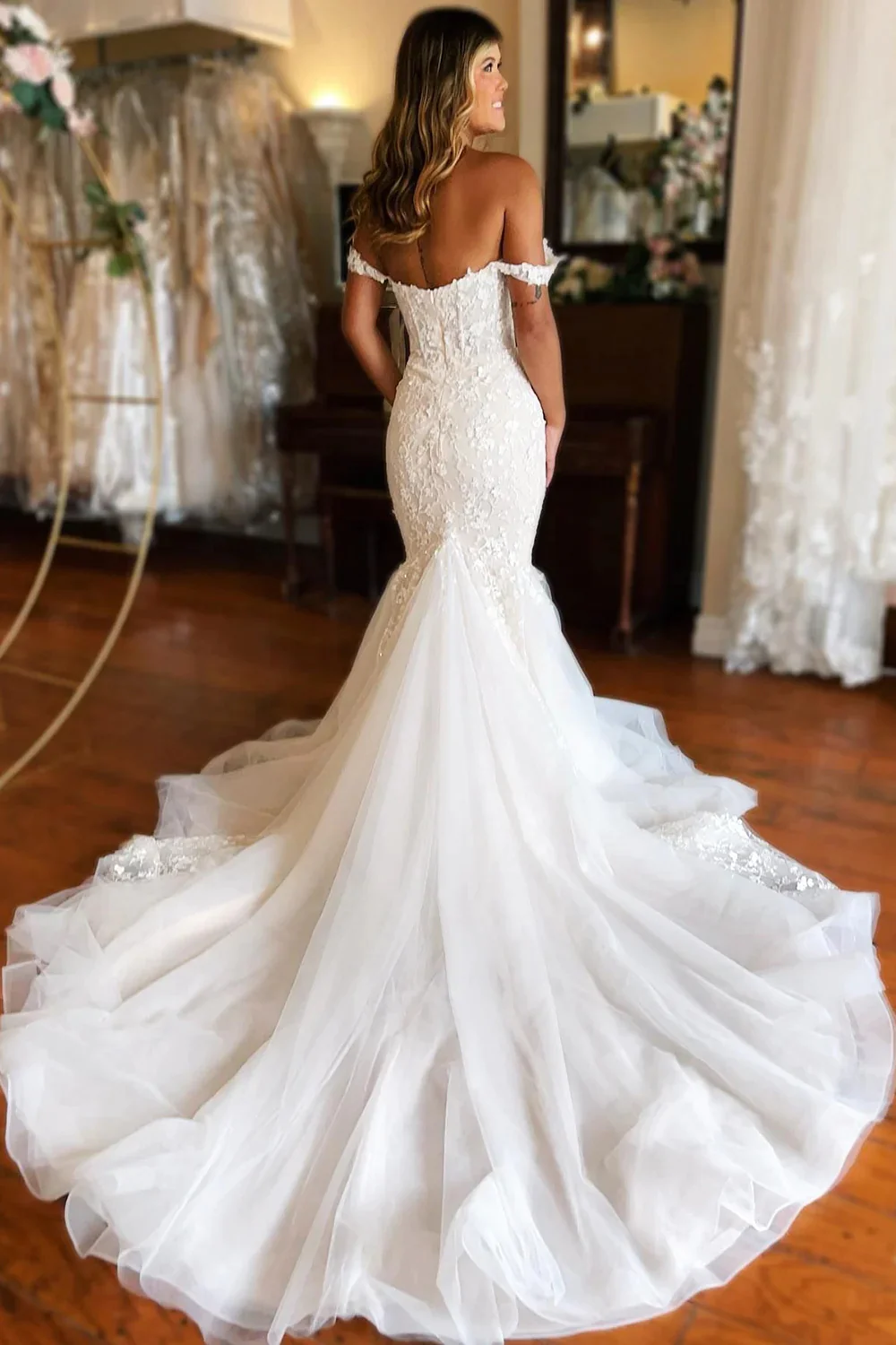 White Off-The-Shoulder Mermaid Tulle Prom Wedding Dress,DP967