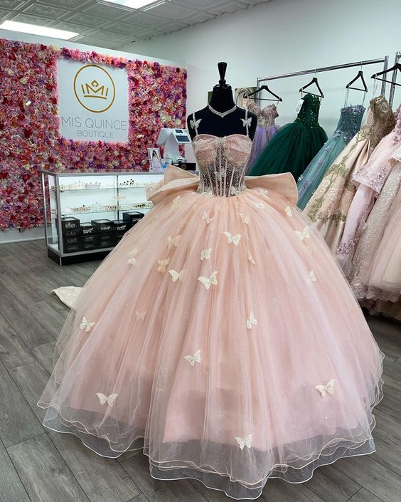 Pink Butterfly Tulle Beaded Quinceanera Dress Evening Ball Gown,DP968