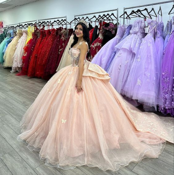 Pink Butterfly Tulle Beaded Quinceanera Dress Evening Ball Gown,DP968