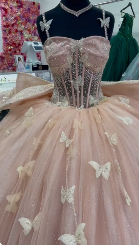 Pink Butterfly Tulle Beaded Quinceanera Dress Evening Ball Gown,DP968