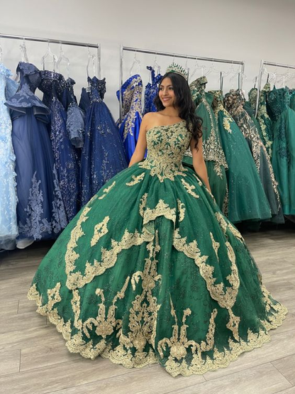 Emerald Green One Shoulder Appliques Quinceanera Dress Ball Gown,DP969