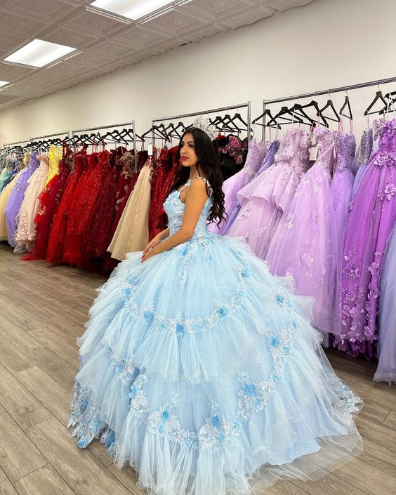 Light Blue Quinceanera Dress Ball Gown with Tulle and Appliques ,DP971