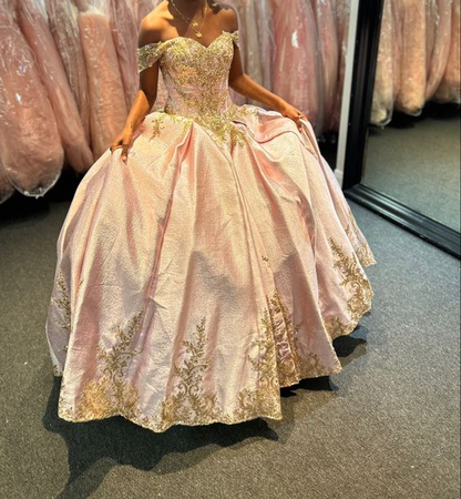 Pink Off Shoulder Quinceanera Dress Ball Gown with Gold Appliques,DP972