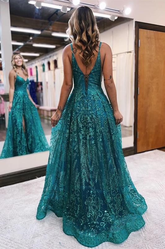 Green A-Line Straps Sparkle Long Prom Dress with Slit,DP973