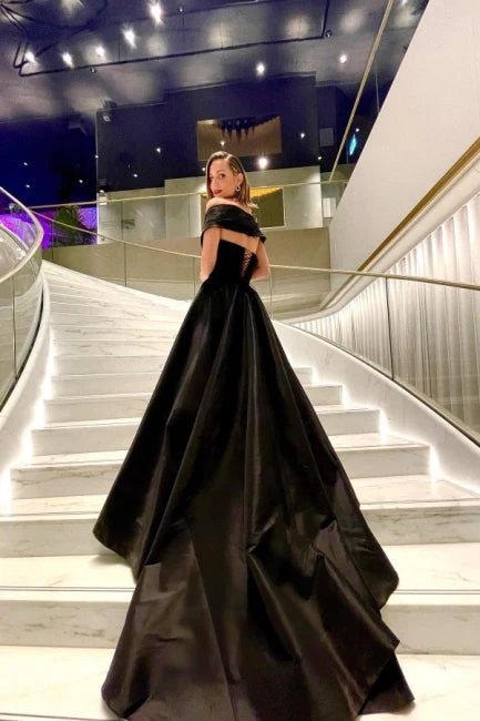 Black A-Line Off Shoulder Sweep Train Long Prom Dress with Slit,DP974