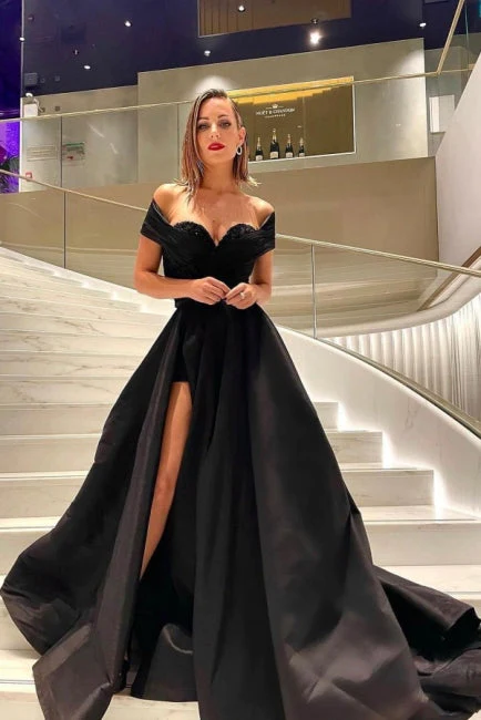 Black A-Line Off Shoulder Sweep Train Long Prom Dress with Slit,DP974