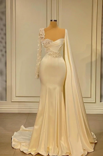 Ivory Long Sleeves Beading Mermaid Long Prom Dress Formal Party Dress,DP975